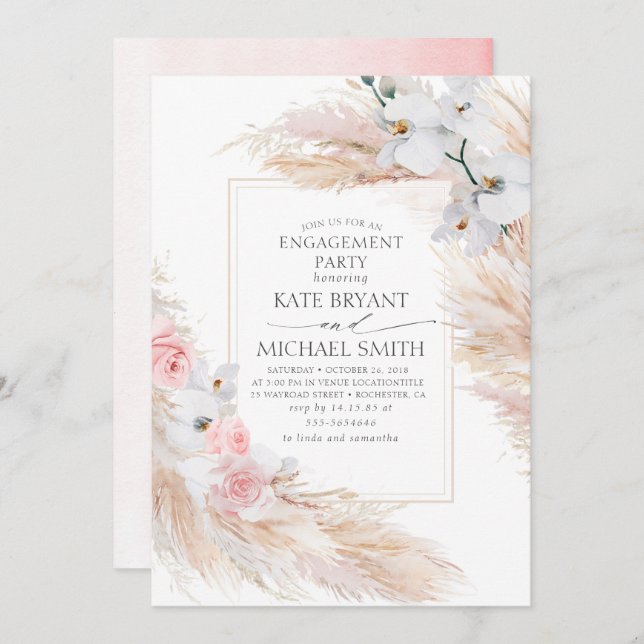 Pampas Grass and White Orchids Engagement Party Invitation (Front/Back)