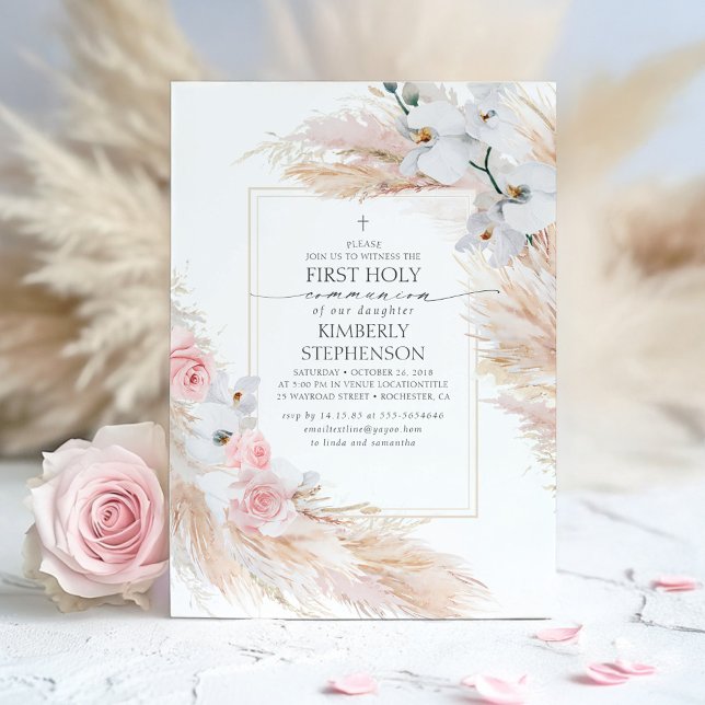 Pampas Grass and White Orchids First Communion Invitation (First Holy Communion Elegant Pink Floral Invitations)