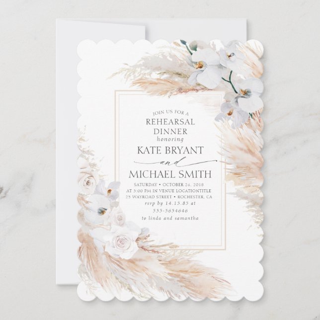 Pampas Grass and White Orchids Rehearsal Dinner Invitation (Front)