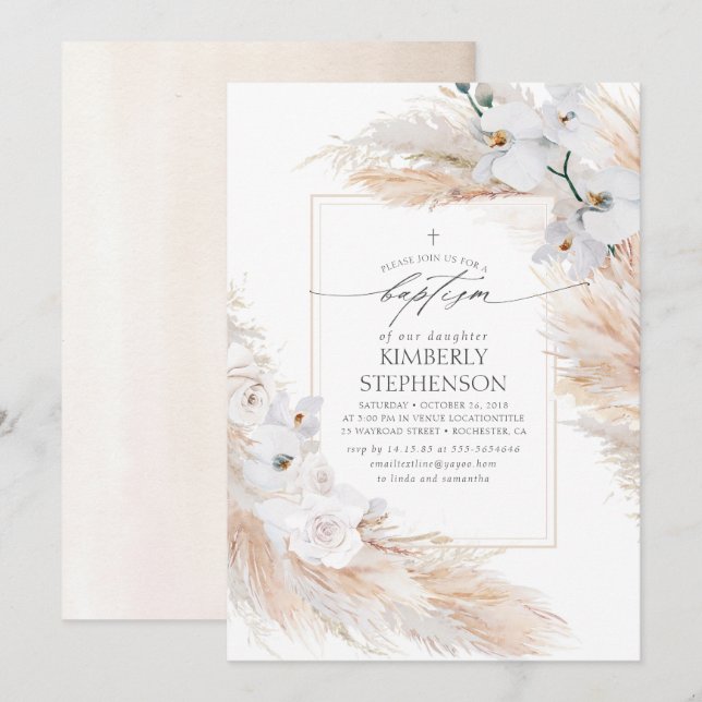 Pampas Grass and White Orchids Tropical Baptism Invitation (Front/Back)