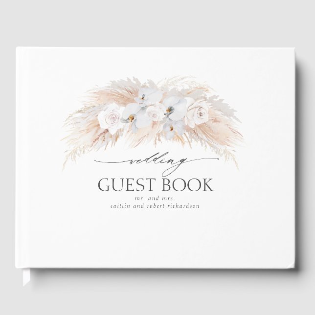 Pampas Grass and White Orchids Tropical Wedding Guest Book (Front)