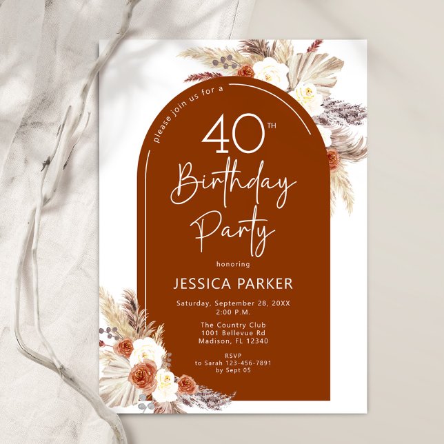 Pampas Grass Arch Burnt Orange Boho 40th Birthday Invitation (Creator Uploaded)