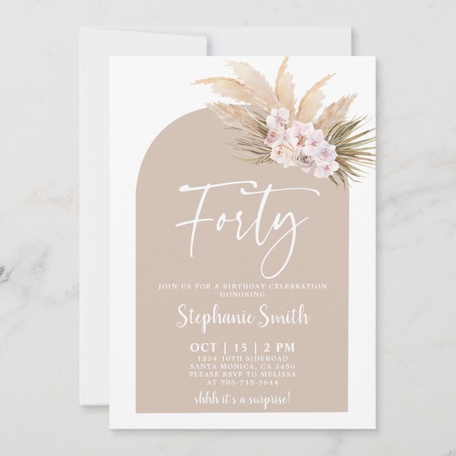 Pampas Grass Arch Forty Birthday Invitation (Front)