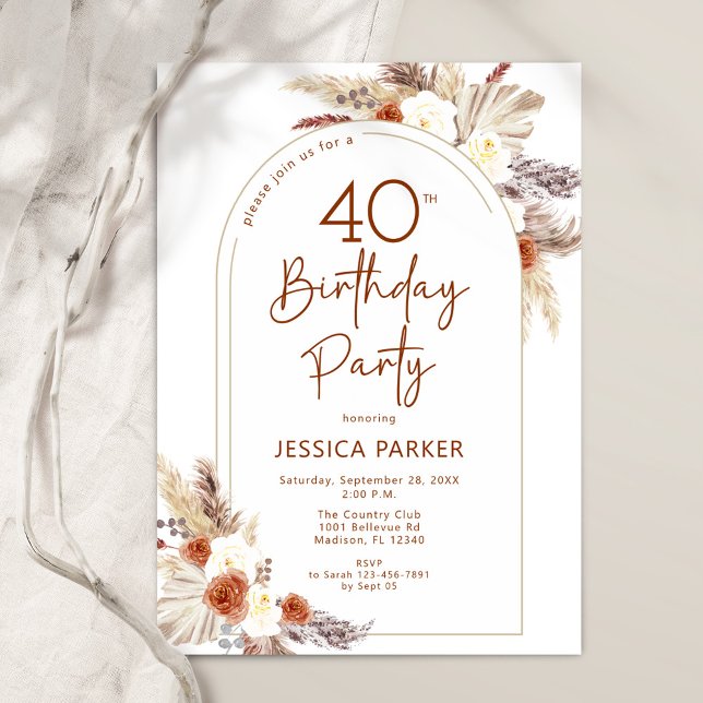 Pampas Grass Arch Terracotta Boho 40th Birthday Invitation (Creator Uploaded)