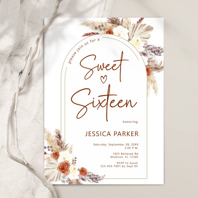 Pampas Grass Arch Terracotta Boho Sweet Sixteen Invitation (Creator Uploaded)