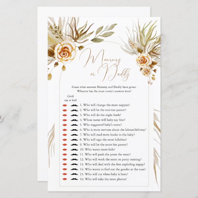 Pampas grass Baby Shower Guess Who Mummy or Daddy (Front/Back)