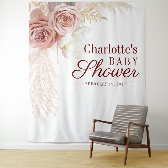 Pampas Grass Baby Shower Photo Booth Backdrop Tapestry (In Situ)