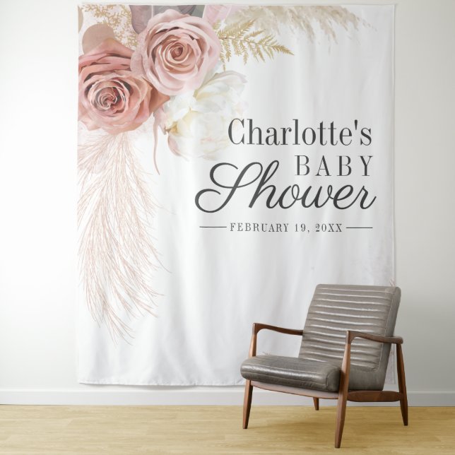 Pampas Grass Baby Shower Terracotta Backdrop Tapestry (In Situ)