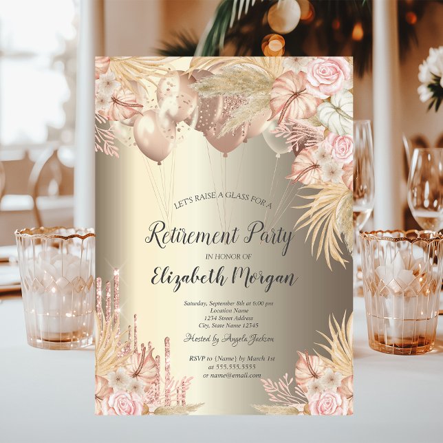 Pampas Grass Balloons Champagne Retirement   Invitation (Creator Uploaded)