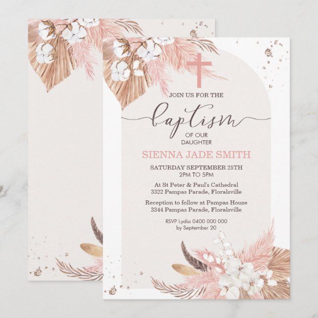 Pampas Grass Baptism Invitation Desert Boho Arch (Front/Back)