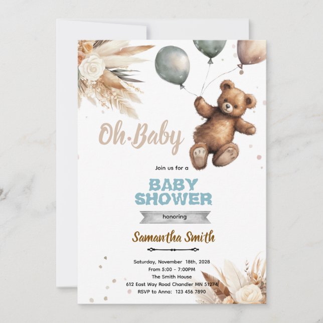 Pampas Grass bear baby shower invitation (Front)