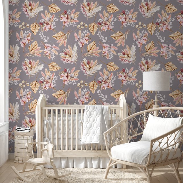 Pampas grass beige pink grey floral pattern wallpaper (Kids)