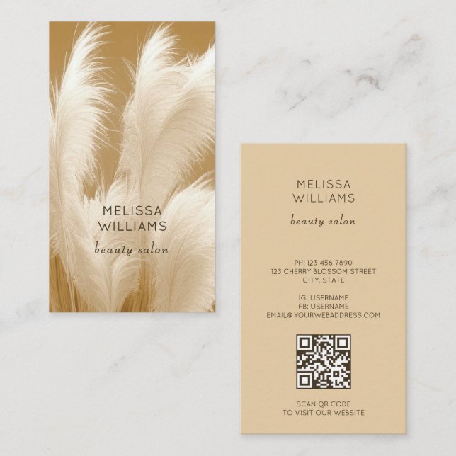 Pampas Grass Beige Sepia Photo | QR  Code Business Card (Front/Back)
