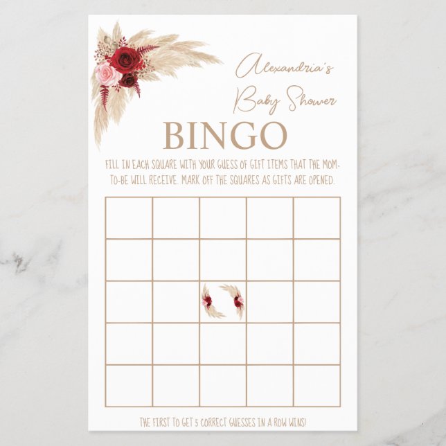 Pampas Grass Bingo Baby Shower Game Card (Front)