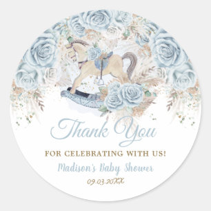 Pampas Grass Blue Floral Rocking Horse Baby Shower Classic Round Sticker