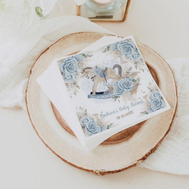 Pampas Grass Blue Floral Rocking Horse Baby Shower Napkin (Creator Uploaded)
