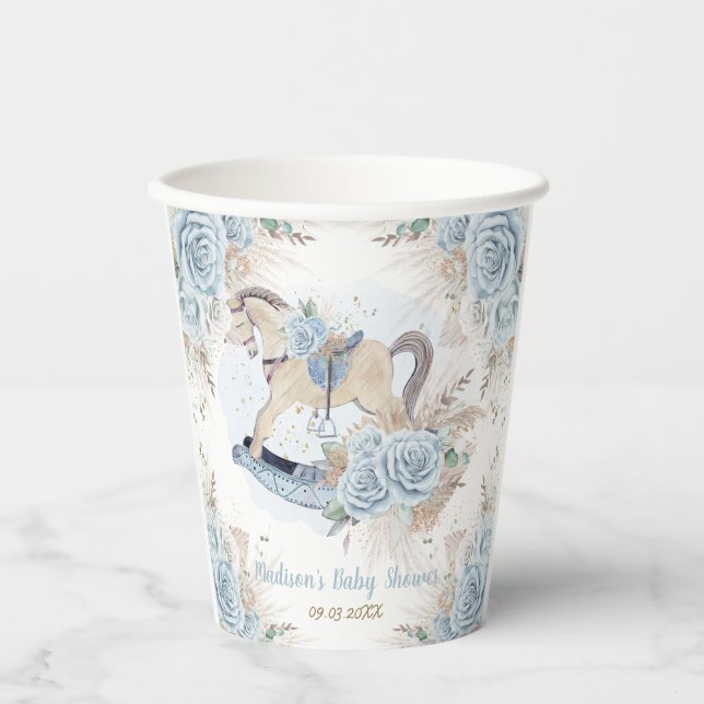 Pampas Grass Blue Floral Rocking Horse Baby Shower Paper Cups (Front)