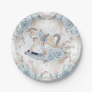 Pampas Grass Blue Floral Rocking Horse Baby Shower Paper Plate