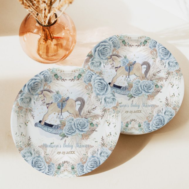 Pampas Grass Blue Floral Rocking Horse Baby Shower Paper Plate (Creator Uploaded)