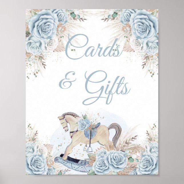 Pampas Grass Blue Floral Rocking Horse Cards Gifts Poster (Front)