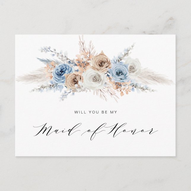 pampas grass blue will you be my Maid of Honour Invitation Postcard (Front)