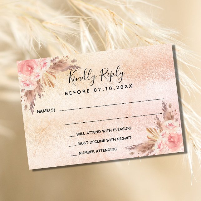 Pampas grass blush florals boho wedding RSVP Card (Creator Uploaded)