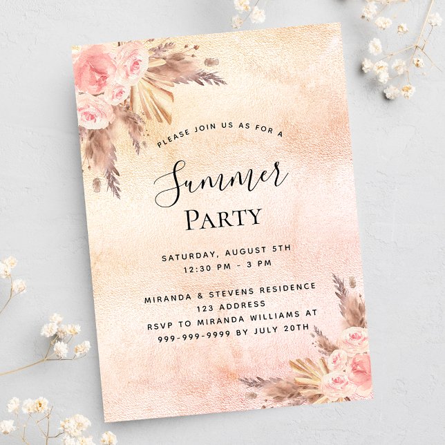 Pampas grass blush florals summer outdoor party invitation (Creator Uploaded)