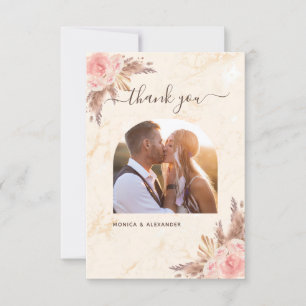 Pampas grass blush marble photo boho wedding thank you card