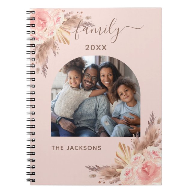 Pampas grass blush pink floral family photo notebook (Front)