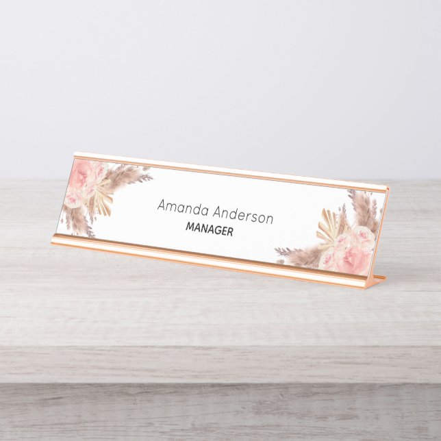 Pampas grass blush pink floral monogram desk name plate (Front)