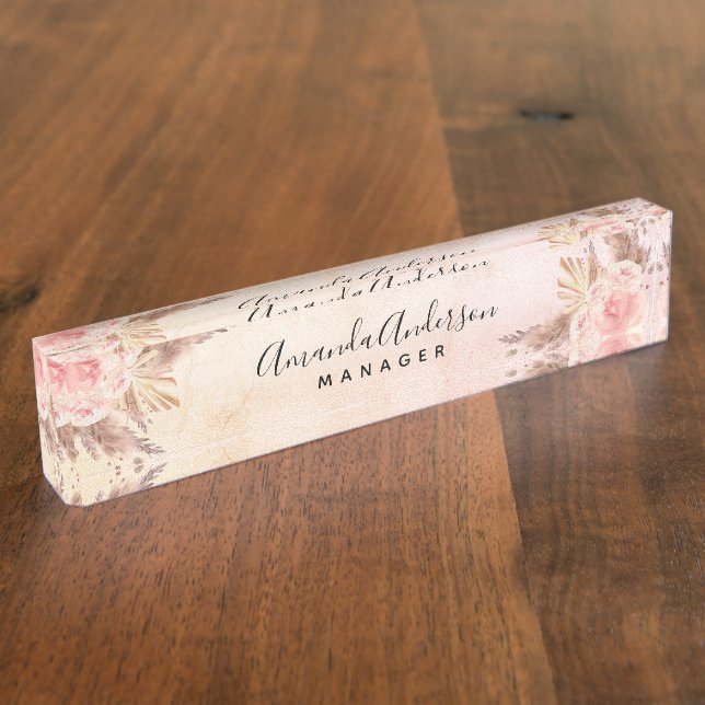 Pampas grass blush pink floral rose gold business nameplate (Side)
