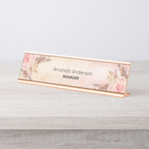 Pampas grass blush pink floral rose gold desk name plate