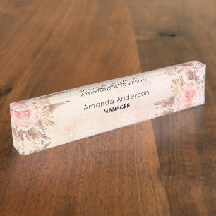 Pampas grass blush pink floral rose gold nameplate