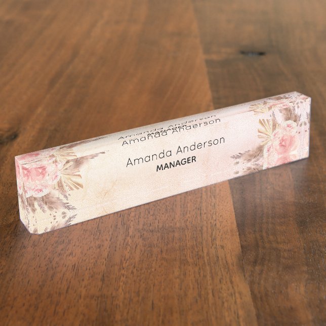 Pampas grass blush pink floral rose gold nameplate (Side)