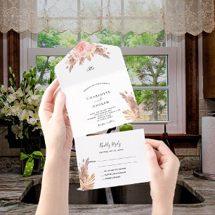 Pampas grass blush pink florals boho wedding all in one invitation