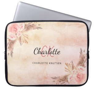 Pampas grass blush pink florals monogram laptop sleeve