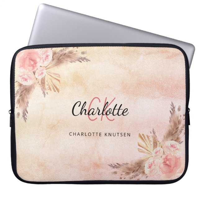 Pampas grass blush pink florals monogram laptop sleeve (Front)