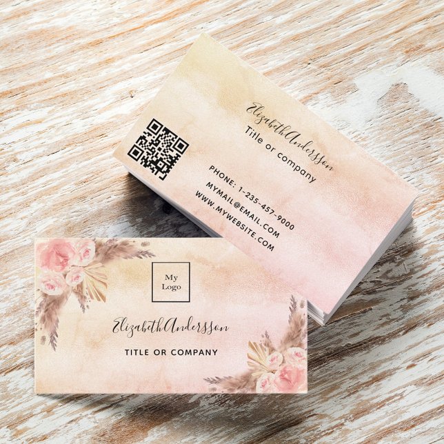 Pampas grass blush pink florals QR code logo Business Card (Creator Uploaded)