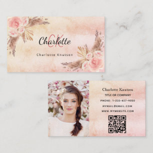 Pampas grass blush pink florals QR code photo Business Card