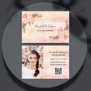 Pampas grass blush pink florals QR code photo Business Card