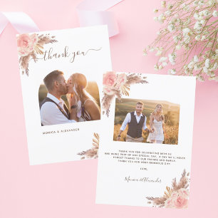 Pampas grass blush pink photo boho wedding thank you card