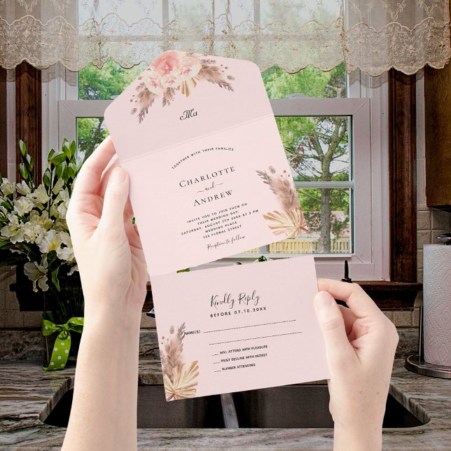 Pampas grass blush rose florals boho wedding all in one invitation (Creator Uploaded)