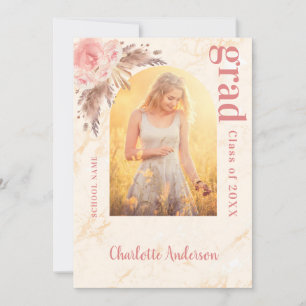 Pampas grass blush rose gold marble graduation announcement