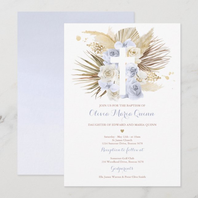 Pampas Grass Bohemian Baptism Boho Christening Invitation (Front/Back)