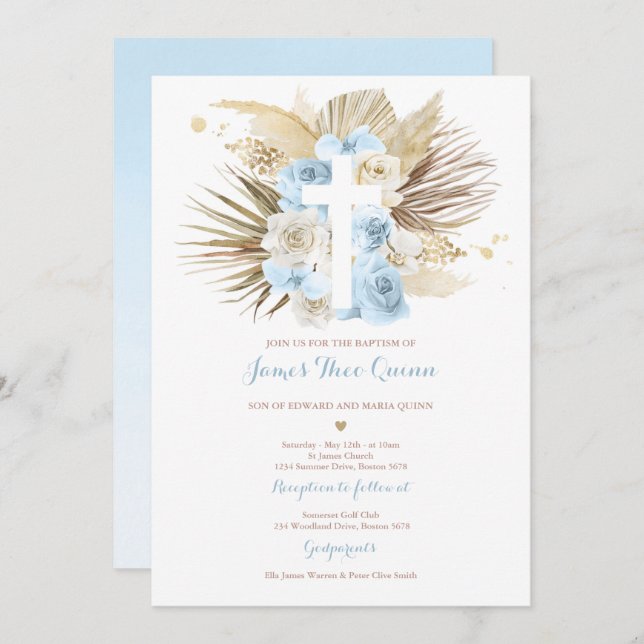 Pampas Grass Bohemian Baptism Boho Christening Invitation (Front/Back)