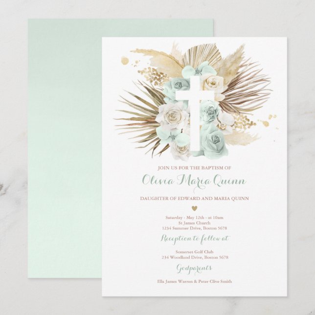 Pampas Grass Bohemian Baptism Boho Christening Invitation (Front/Back)