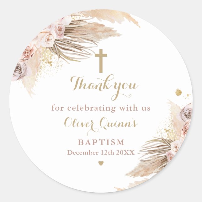Pampas Grass Bohemian Baptism Christening Favour Classic Round Sticker (Front)