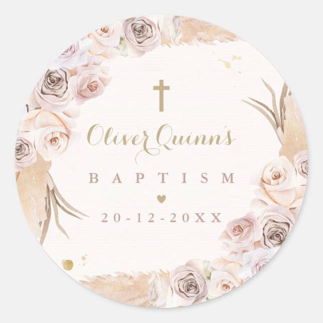 Pampas Grass Bohemian Baptism Personalised Classic Round Sticker (Front)