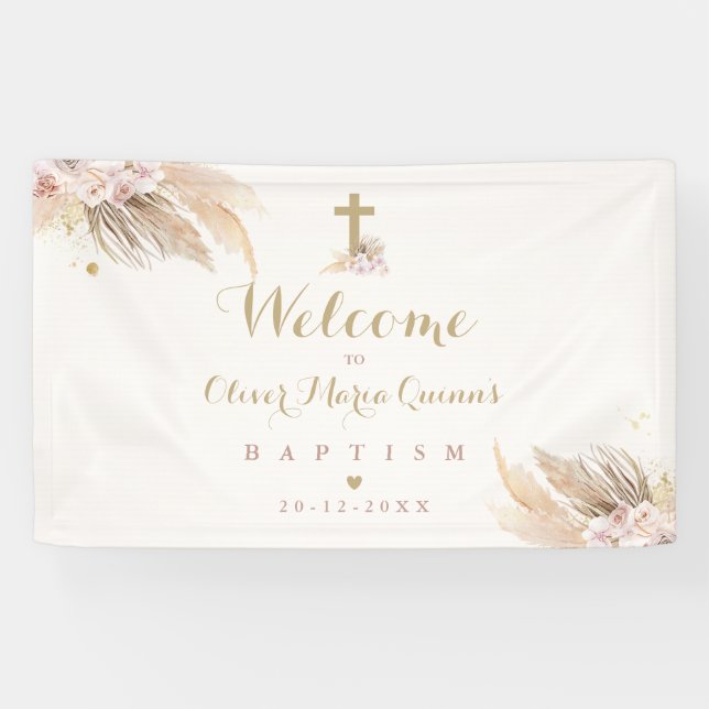 Pampas Grass Bohemian Baptism Personalised Welcome Banner (Horizontal)