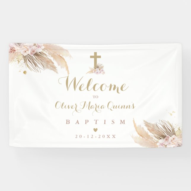 Pampas Grass Bohemian Baptism Personalised Welcome Banner (Horizontal)
